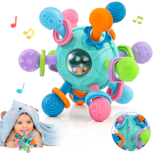 Blue baby rattle and teether toy from Kaybolge, sensory Montessori toy for 0-12 months, ideal for newborns and toddlers.