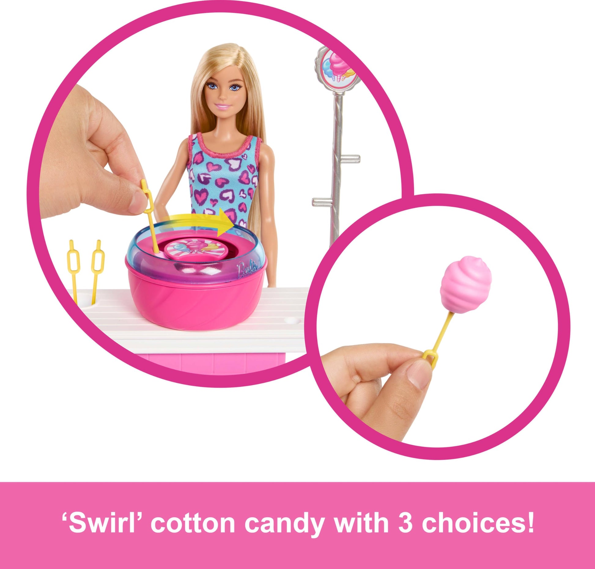 Barbie Mysteries Beach Detectives playset with doll, cotton candy booth, and 20 accessories including prizes.