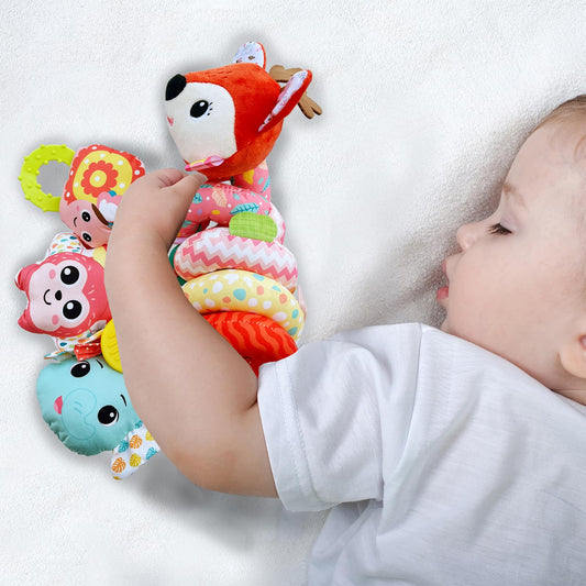 Kulveanju plush spiral baby rattle toy with hanging deer design for strollers, cribs, and car seats, suitable for newborns and infants.