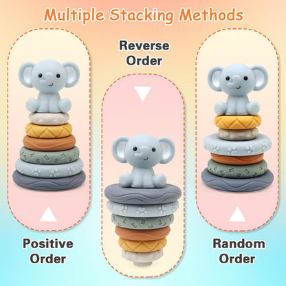 LEADSTAR Stacking Baby Toys Silicone, Elephant Silicone Soft Stack Rings, Teether for Baby, Early Development & Activity Sensory Toys for Babies, Toddlers & Infant, Gifts for Girls-7 PCS Teething Set