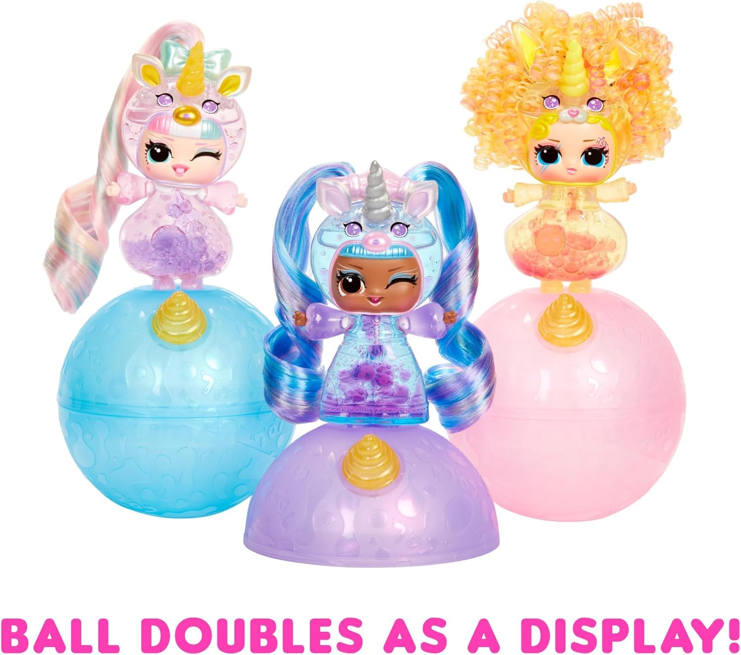 L.O.L. Surprise! Unicorns Tots doll with transparent features, lava lamp experience, and colorful potions in blind packaging.