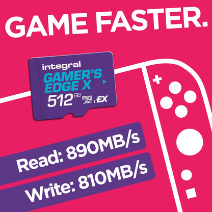Integral 512GB Gamer's Edge X Micro SD Express Card for Nintendo Switch 2, high-speed storage with fast read/write speeds.