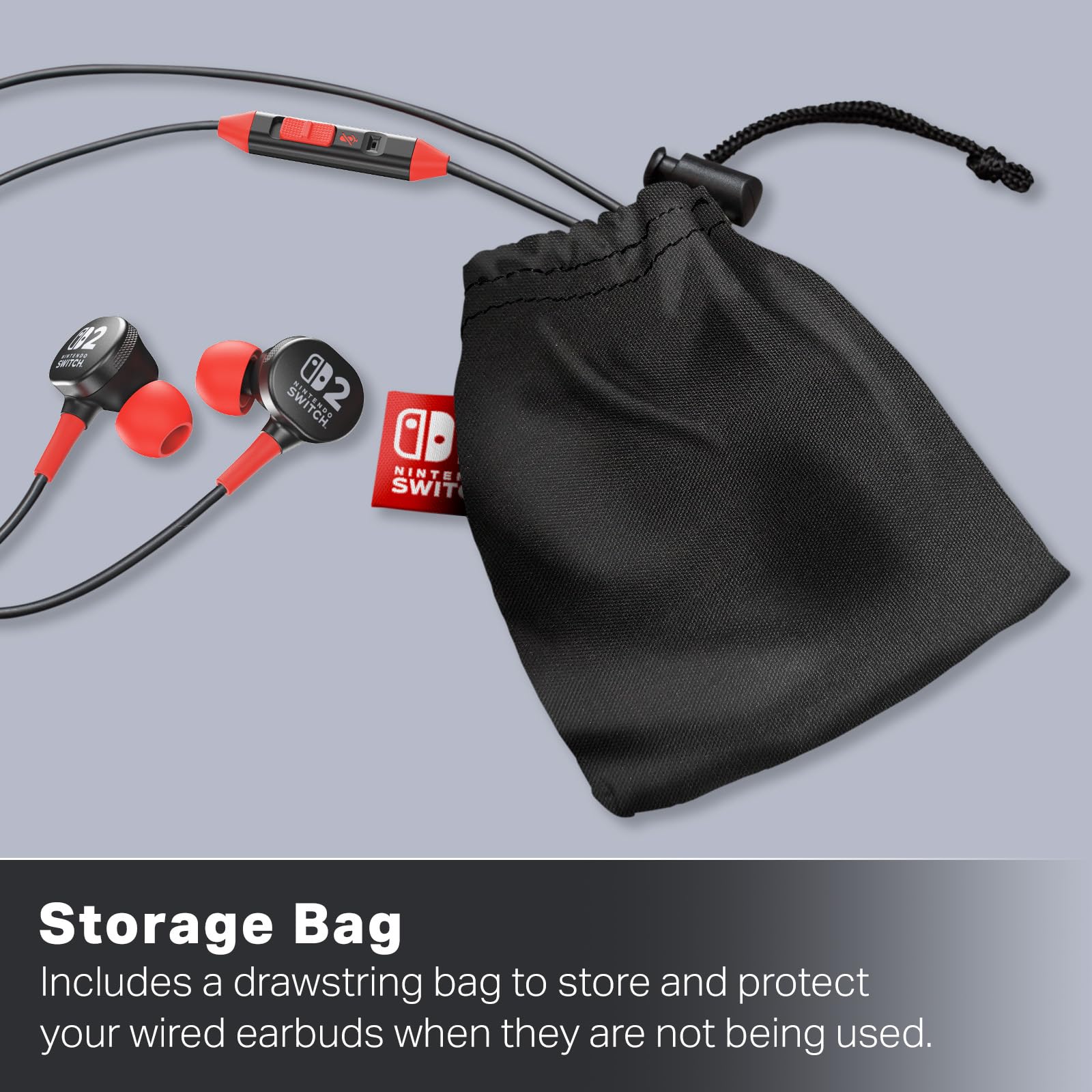 PowerA wired earbuds for Nintendo Switch 2 in black with in-ear design, 8 mm drivers, swappable tips, and drawstring storage bag