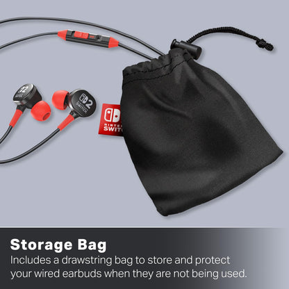 PowerA wired earbuds for Nintendo Switch 2 in black with in-ear design, 8 mm drivers, swappable tips, and drawstring storage bag