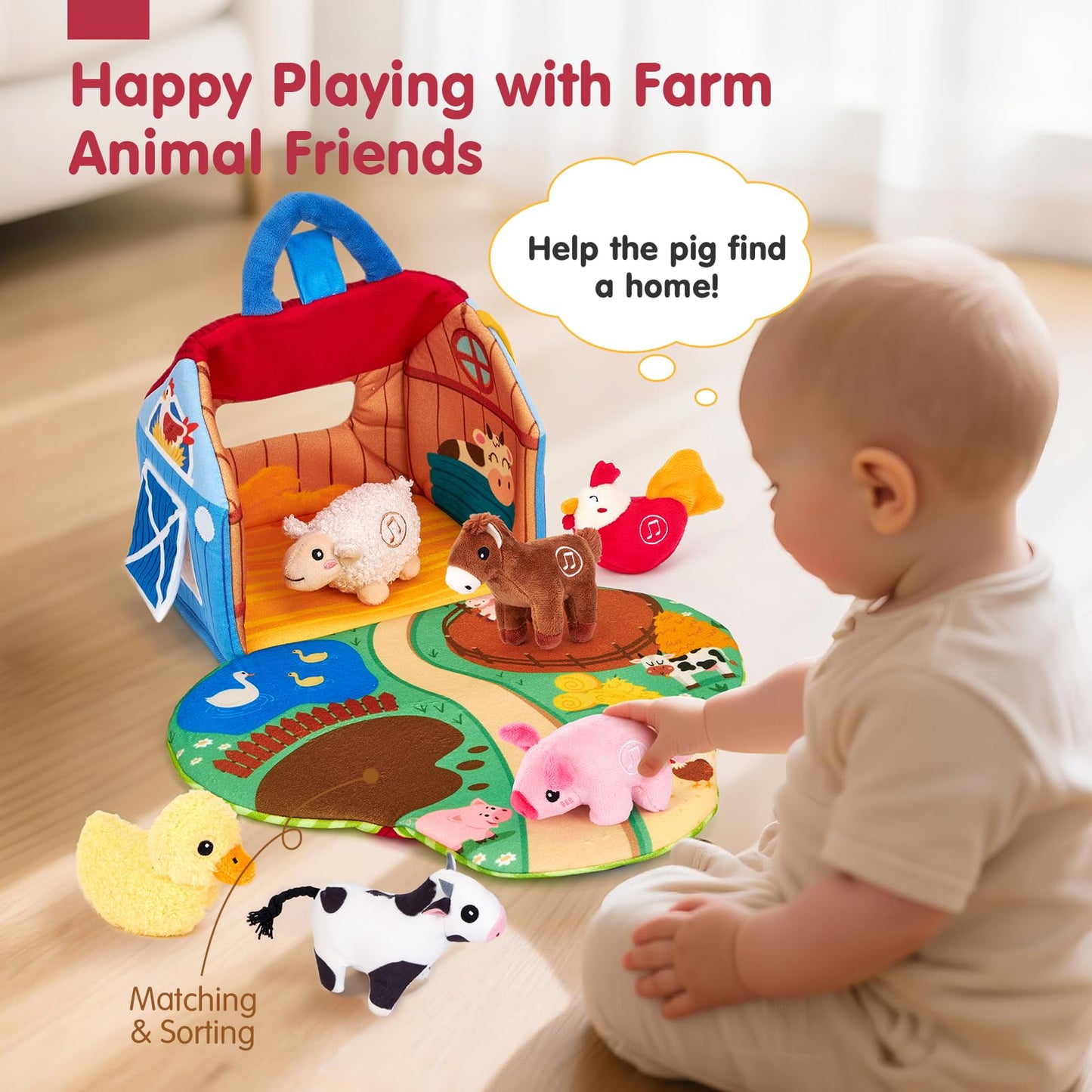 Plush farm animal sound toys in a colorful barn set for babies, featuring crinkle and mirror elements for sensory play.