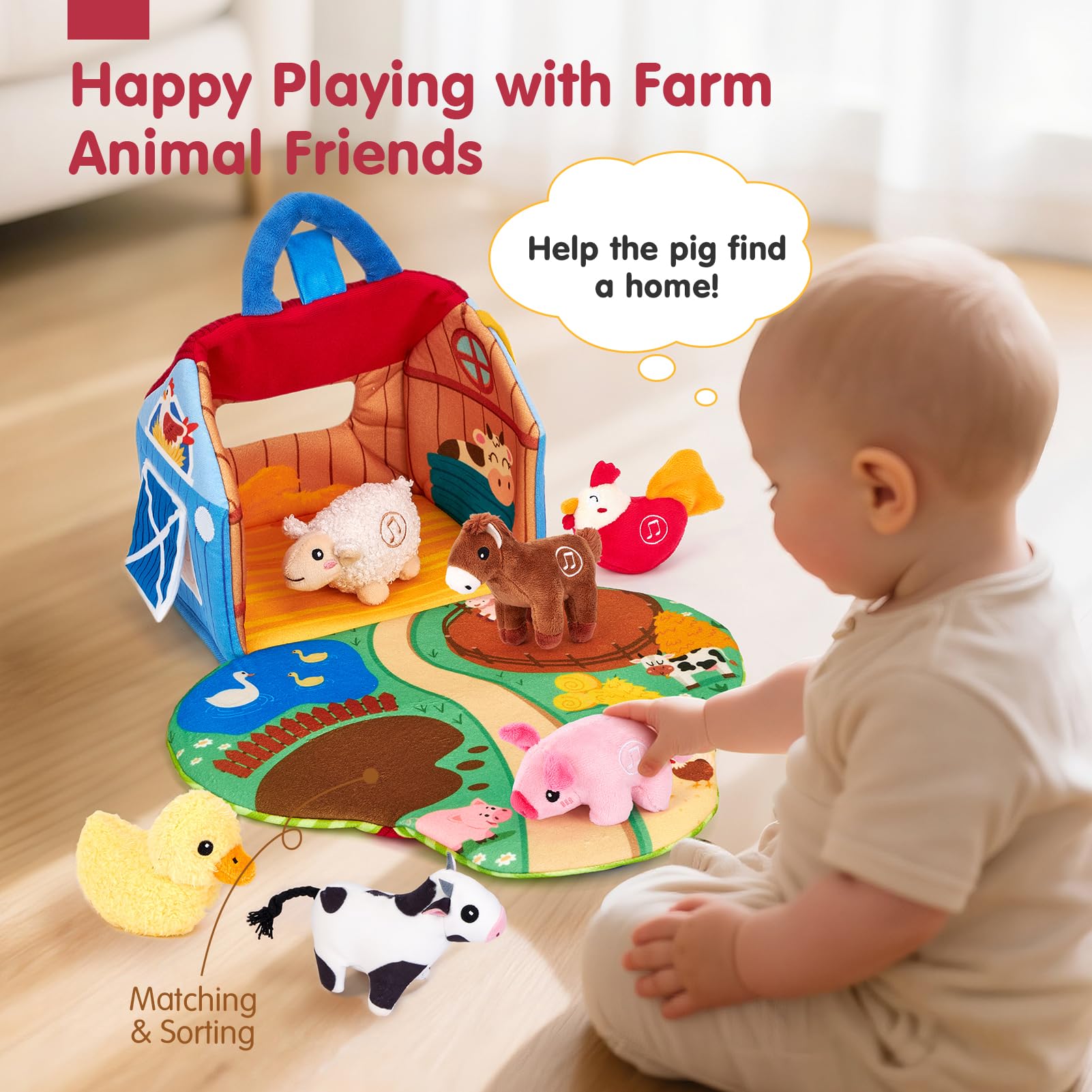 Plush farm animal sound toys in a colorful barn set for babies, featuring crinkle and mirror elements for sensory play.