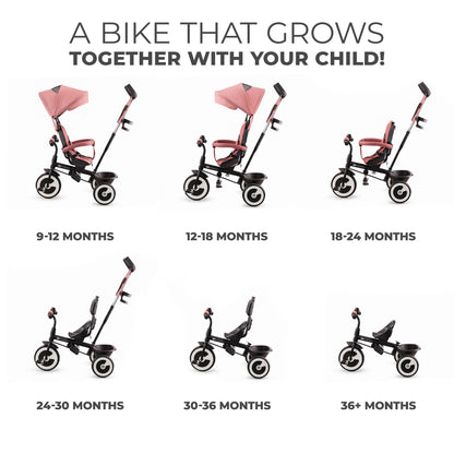 Kinderkraft Aston Tricycle, Baby Push Trike, Kids First Bike, Free Wheel Functions, Parenthandle, Footrest, Accessories, Bag, Cupholder, from 9 Months to 5 Years, Pink