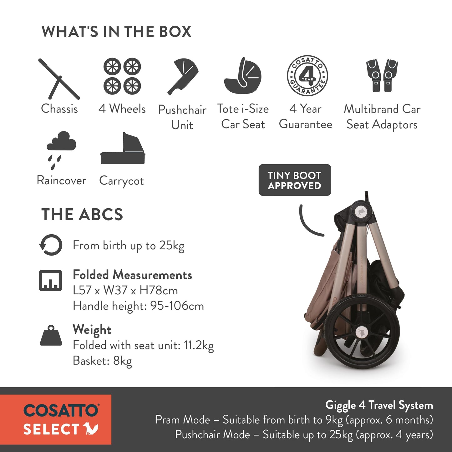 Cosatto Giggle 4 travel system with pram, infant car seat, raincover, compact fold, and seat unit for babies and toddlers.