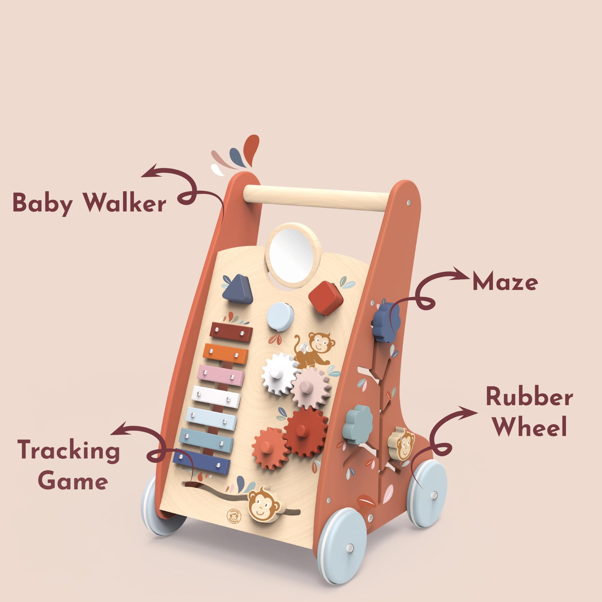 Speedy Monkey wooden baby walker with 9 activity toys, non-slip rubber wheels, designed for 6-month-old boys and 1-year-olds.