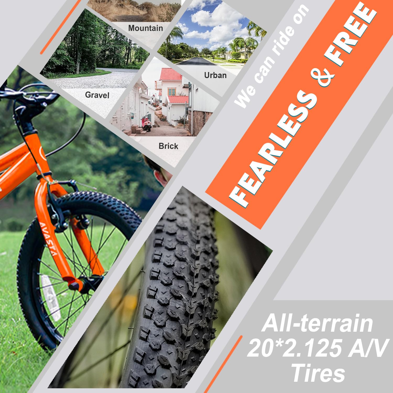 AVASTA 20-inch kids bike in orange with dual handbrakes, adjustable seat, kickstand for boys and girls ages 6 to 10.