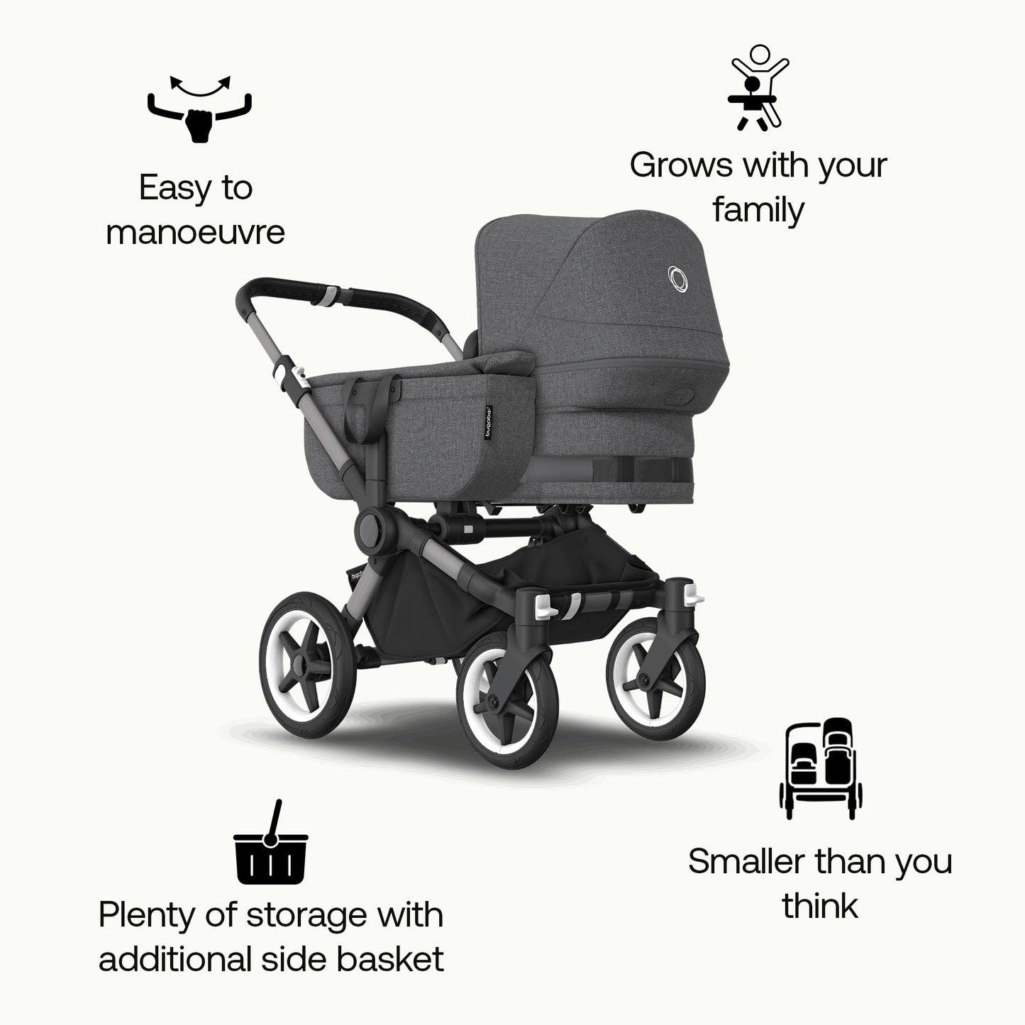 Bugaboo Donkey 5 Mono, Convertible Into Side by Side Double Stroller, Improved Design, Reversible Seat, One Hand Steering and Side Basket, Graphite/Grey Melange
