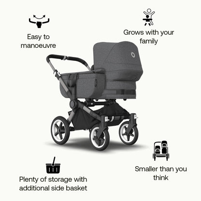 Bugaboo Donkey 5 Mono, Convertible Into Side by Side Double Stroller, Improved Design, Reversible Seat, One Hand Steering and Side Basket, Graphite/Grey Melange