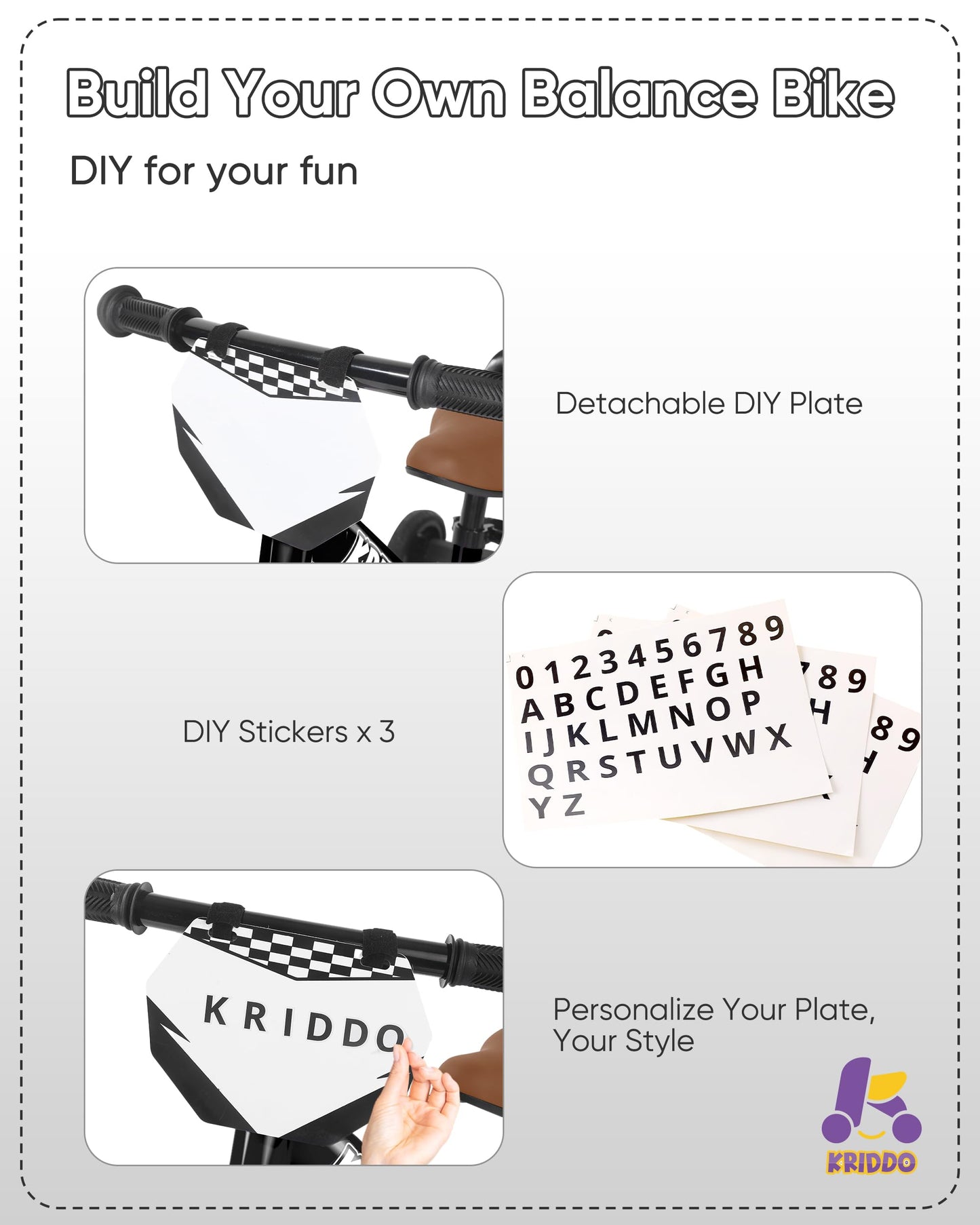 KRIDDO 2-in-1 kids tricycle and balance bike with detachable pedals, stowable training wheels, and black frame.