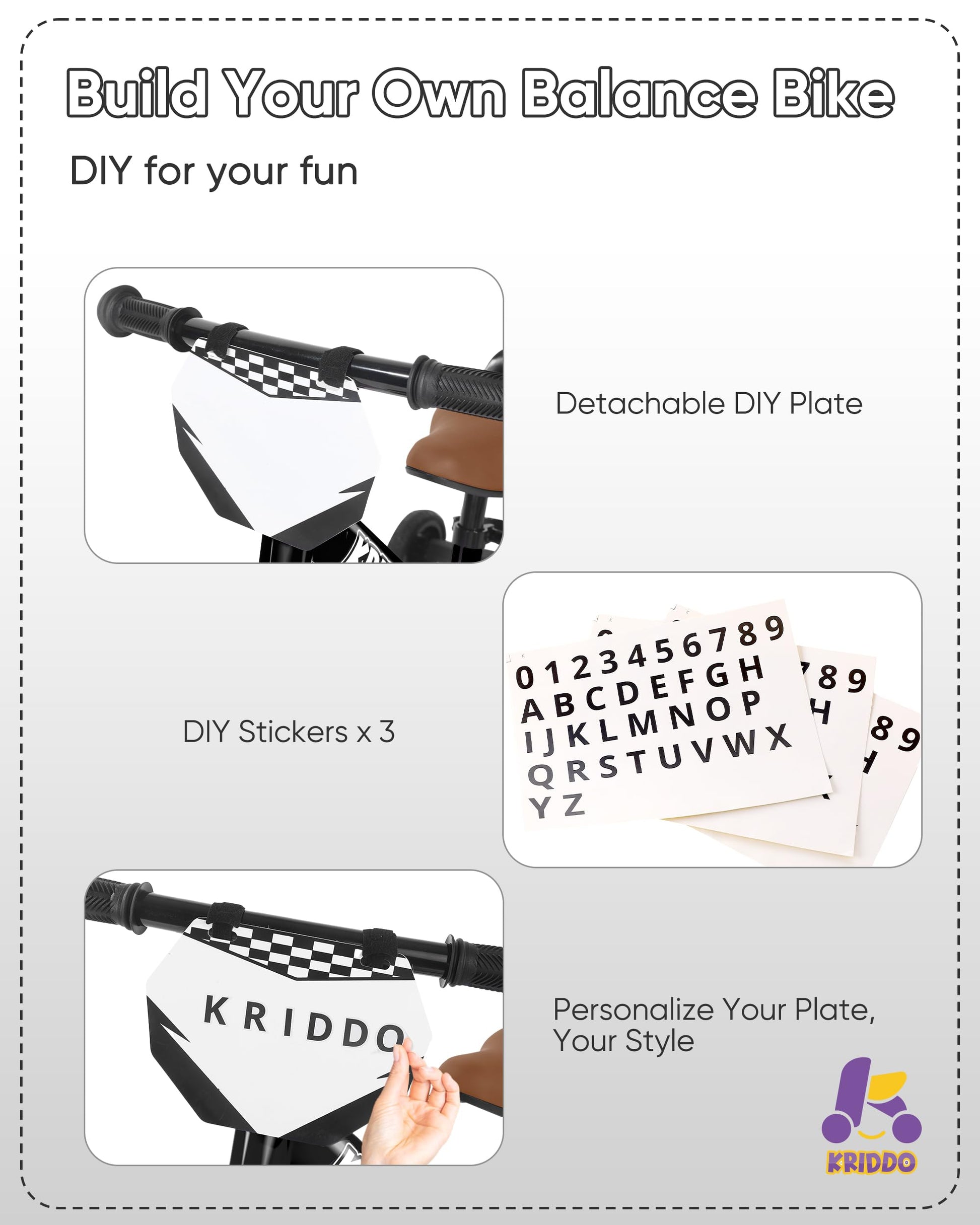 KRIDDO 2-in-1 kids tricycle and balance bike with detachable pedals, stowable training wheels, and black frame.