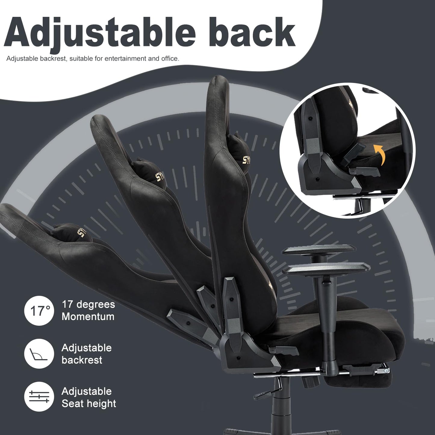 Symino gaming chair with adjustable height, footrest, headrest, lumbar support, black ergonomic PC chair, rotating task chair