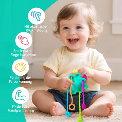 ROWFEN Baby Travel Toys - Montessori Silicone Pull String Toy Develops Sensory Skills for Babies, Built-in Rattle and Soft Press Function, Safe and Easy to Clean Design (Spearmint)