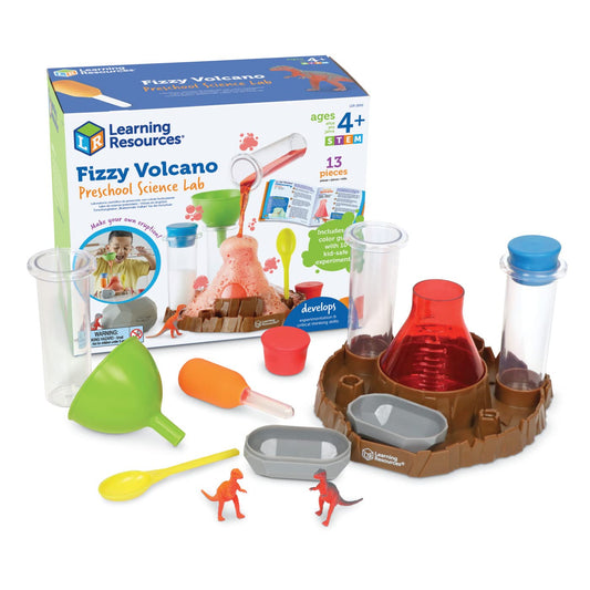 Learning Resources Fizzy Volcano science lab set with 13 pieces for kids, featuring colorful foamy reactions and STEM chemistry experiments.