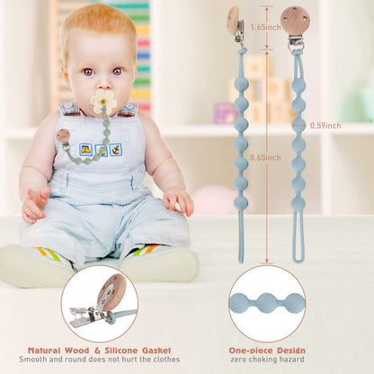 EYOGO silicone dummy clip set for baby boys and girls, includes wooden accent clips, fits most pacifiers and teething toys, 2-pack.