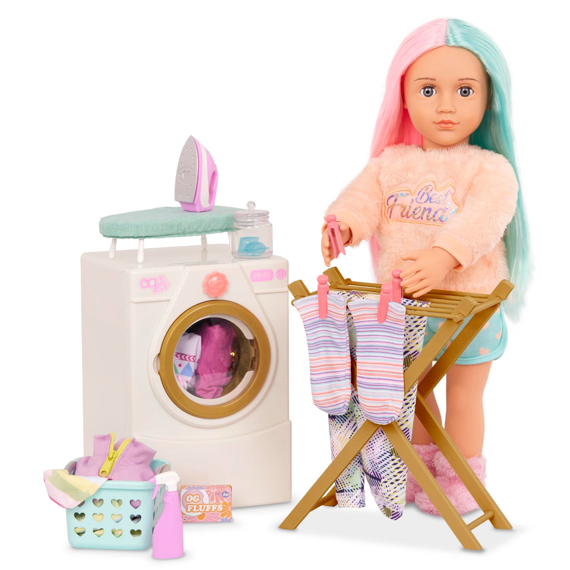 Our Generation doll washing machine with drying rack, iron, and cleaning set for 18-inch dolls and pretend play.
