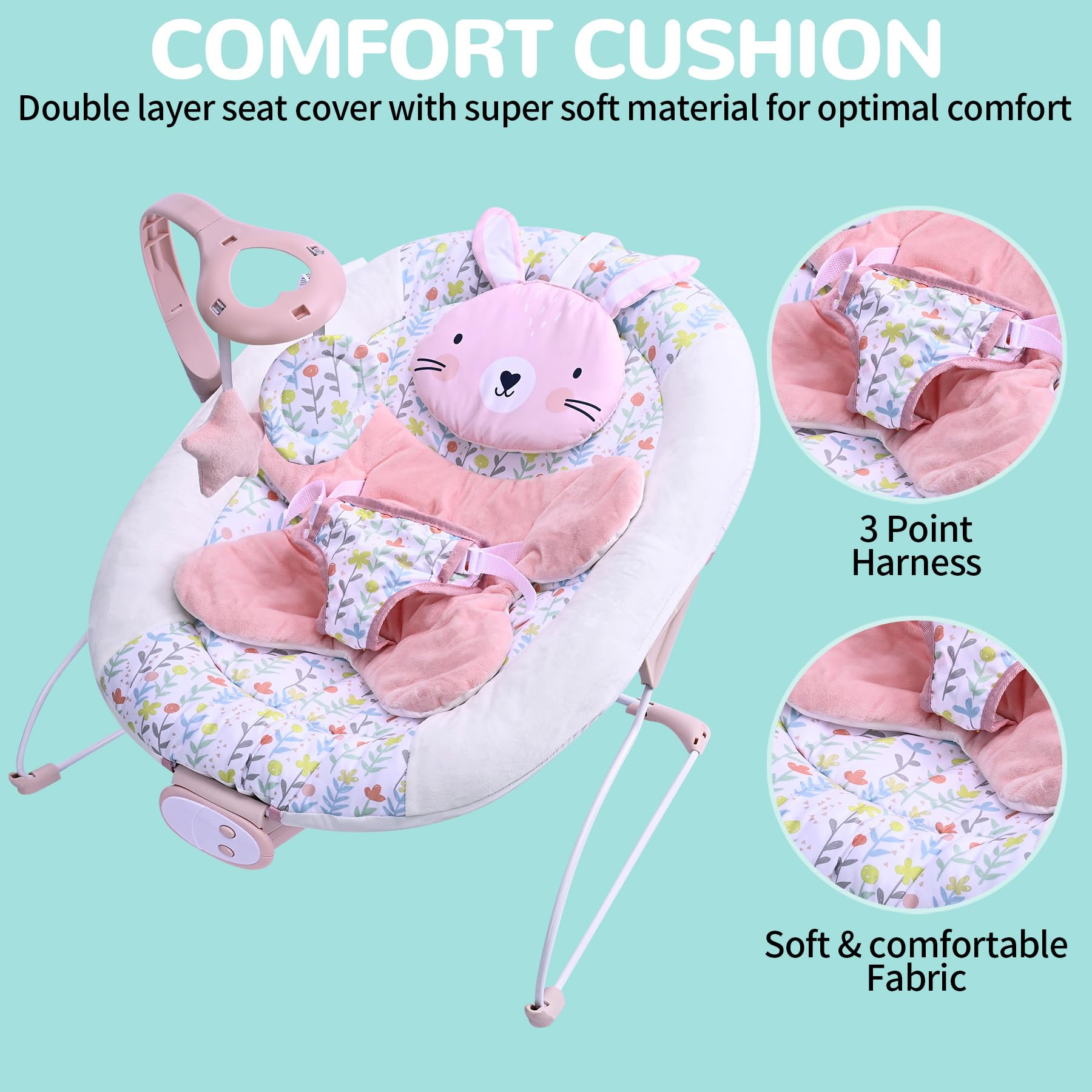 LADIDA baby bouncer for infants 0-6 months with removable toy bar, 3-speed vibrations, soothing songs, lightweight and portable.