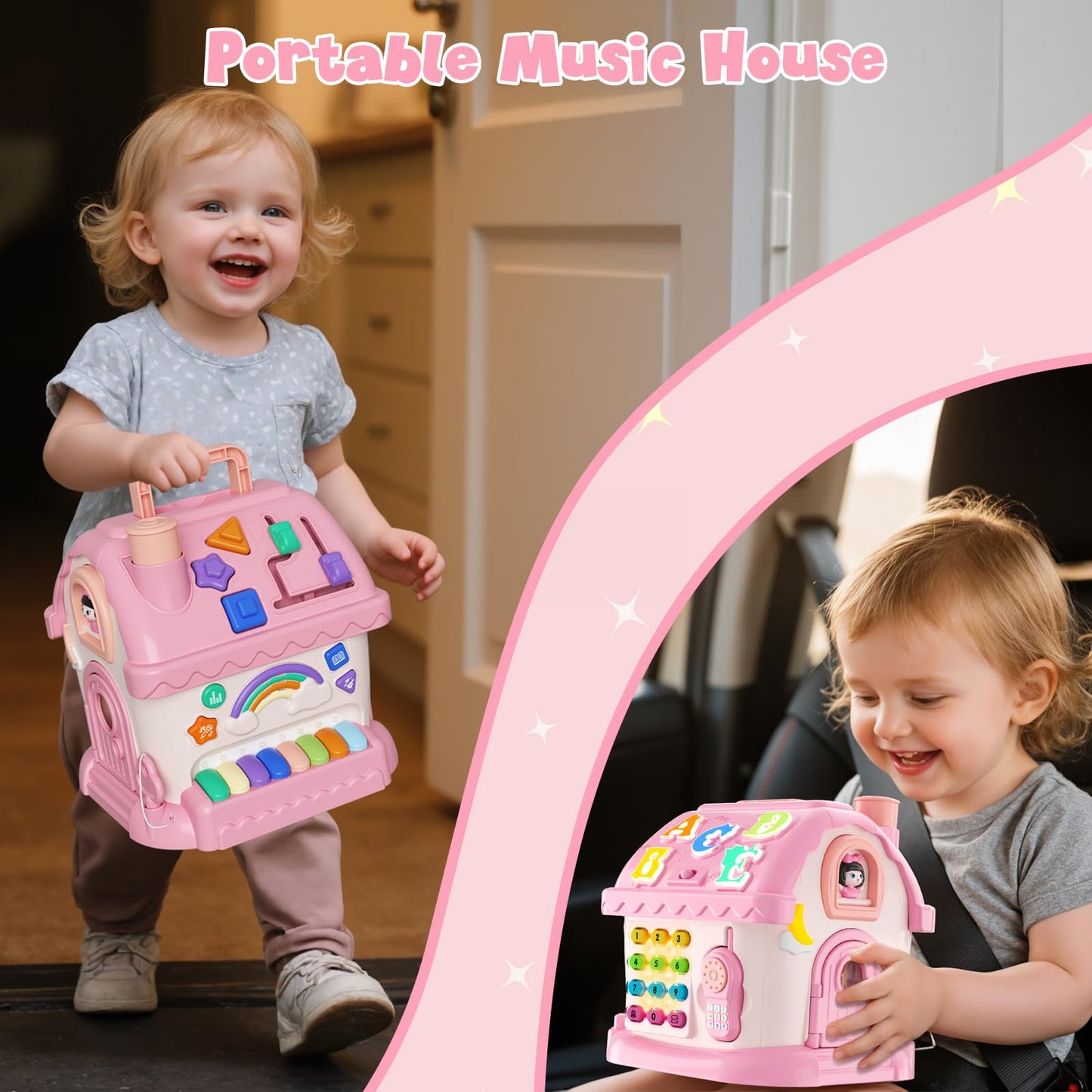 HYES Toys for 1 Year Old Girls, Montessori Educational Toy, 8 in 1 Multi Function Activity House Baby Toy with Music/Car/Clock/Phone/Light, Sensory Toys Birthday Gifts for Baby 1-2 Years