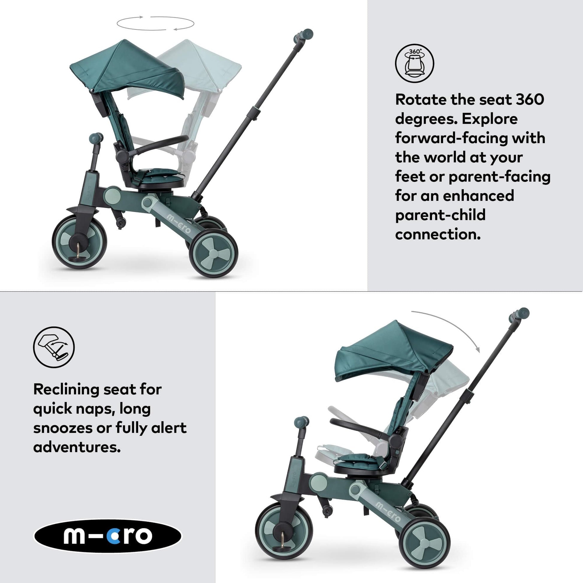 Micro FlexiTrike Matcha Green foldable toddler tricycle with parent handle and 360-degree rotation for children 6+ months.