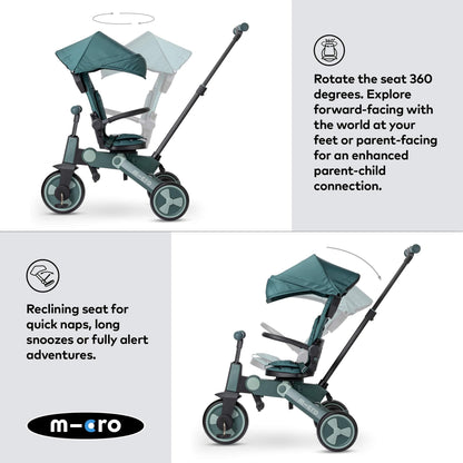 Micro FlexiTrike Matcha Green foldable toddler tricycle with parent handle and 360-degree rotation for children 6+ months.