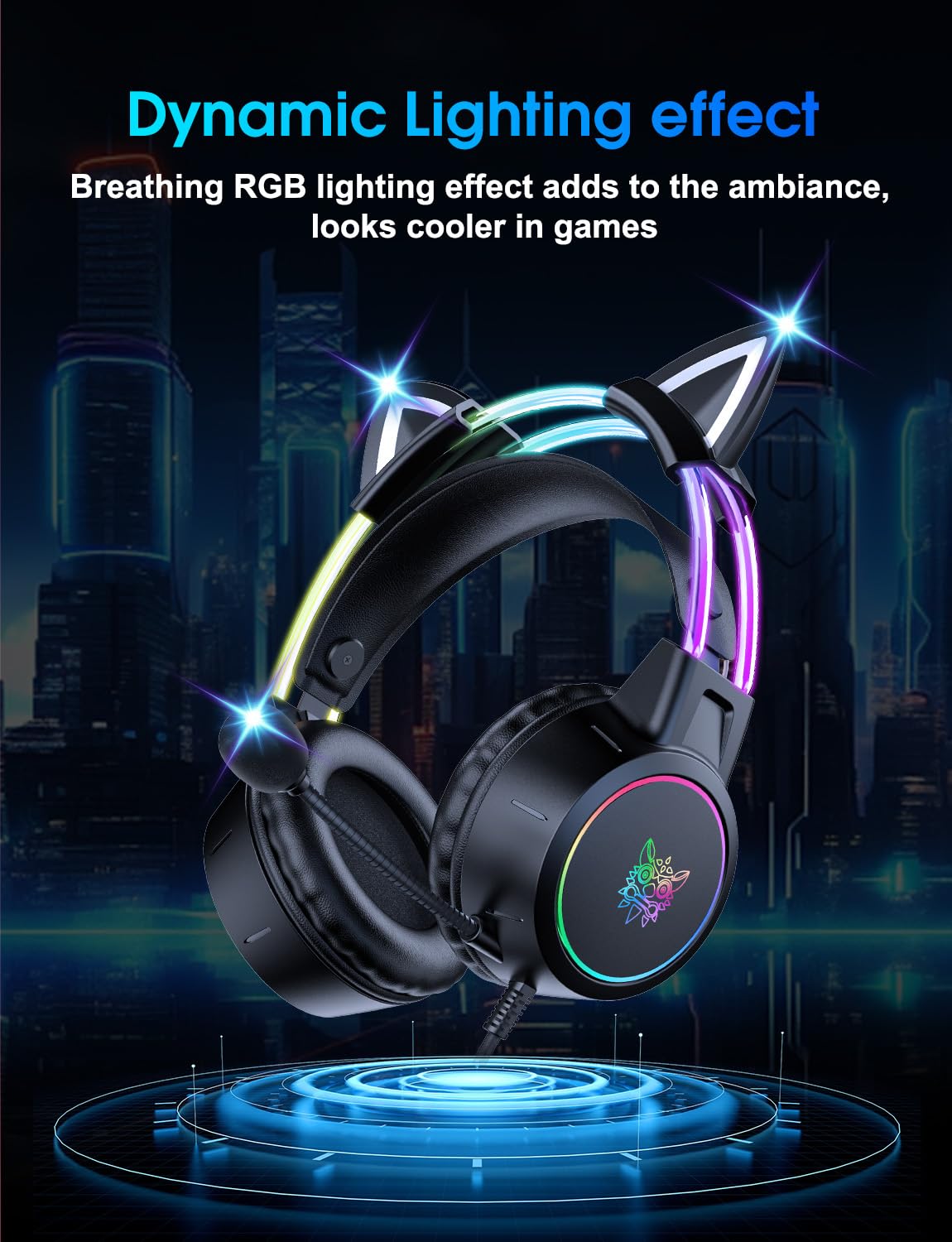 ONITOON lightweight gaming headset with removable cat ears, gradient RGB lighting, wired design, virtual surround sound, noise-canceling mic