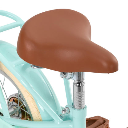 Mint green STITCH Manchi 14-inch kids bike with basket and stabilisers, designed for girls aged 3-5.