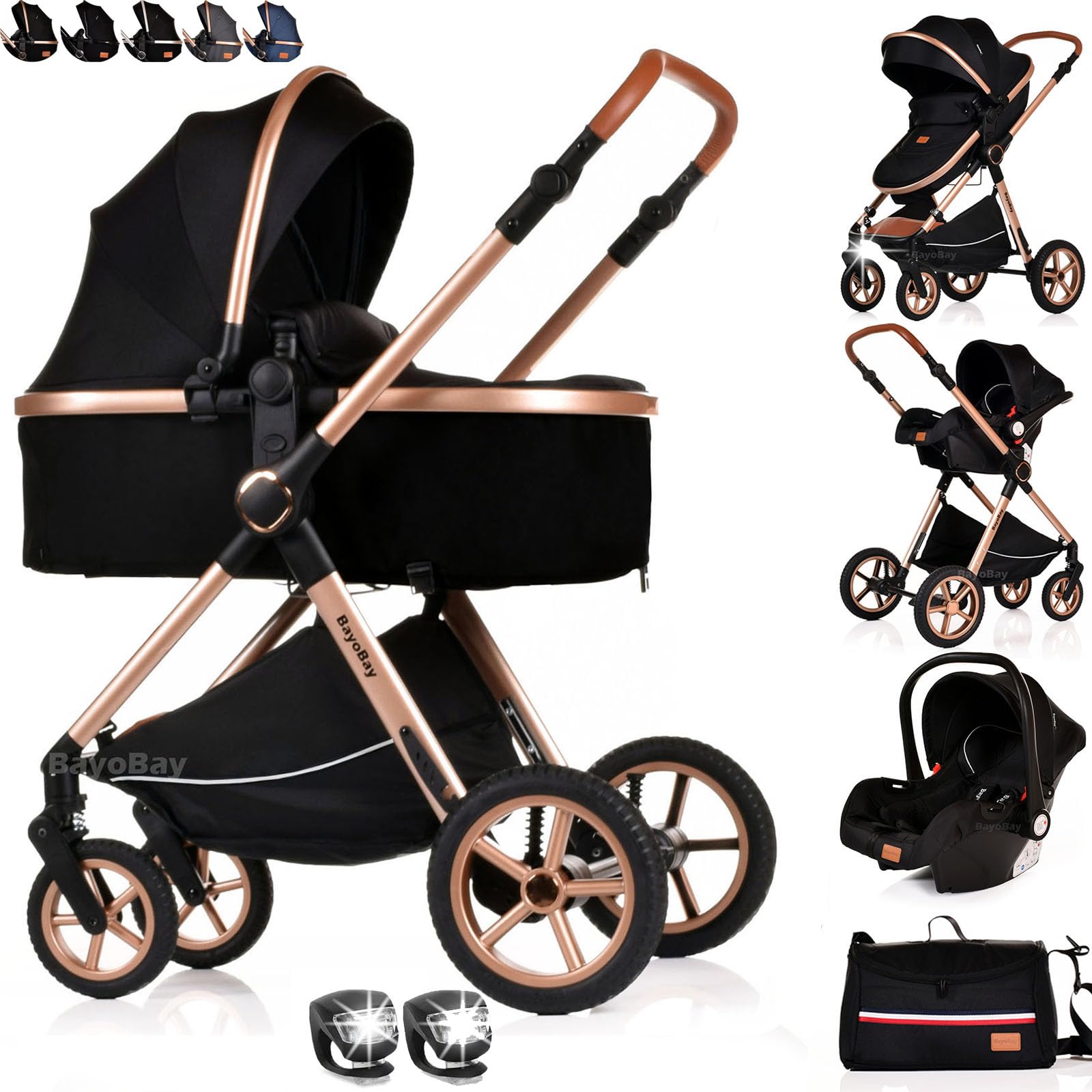 BayoBay 3-in-1 baby buggy pram with car seat and carrycot, black gold lightweight foldable stroller for newborns and toddlers