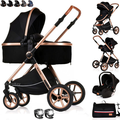 BayoBay 3-in-1 baby buggy pram with car seat and carrycot, black gold lightweight foldable stroller for newborns and toddlers
