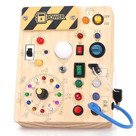 Konijiwa Busy Board Montessori Activity Board With 10 Switches and 23 LED Lights - Wooden Sensory Toy for Fine Motor Skills - for Babies and Toddlers 1-4 Years Old Boys and Girls