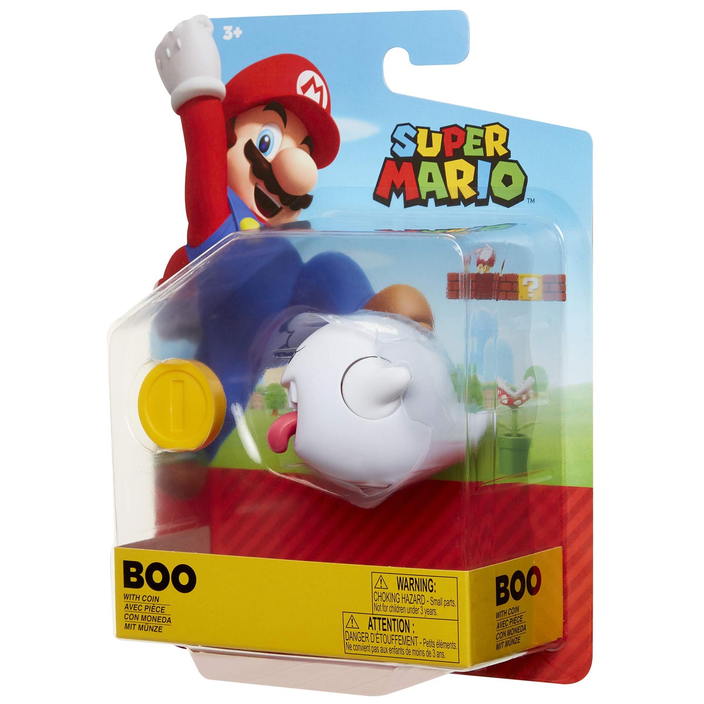 Super Mario Nintendo Boo 4-inch articulated action figure with coin accessory, ideal for kids and collectors.