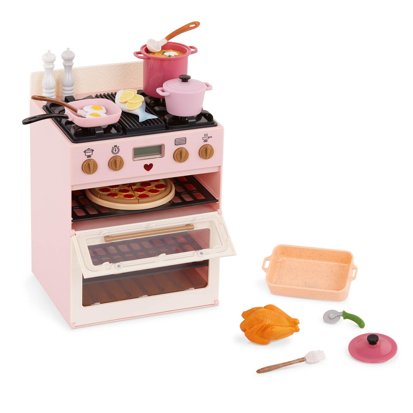 Our Generation Make & Bake Stove Playset with double oven, cooking sounds, and accessories for 18-inch dolls.