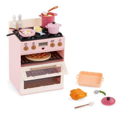Our Generation Make & Bake Stove Playset with double oven, cooking sounds, and accessories for 18-inch dolls.