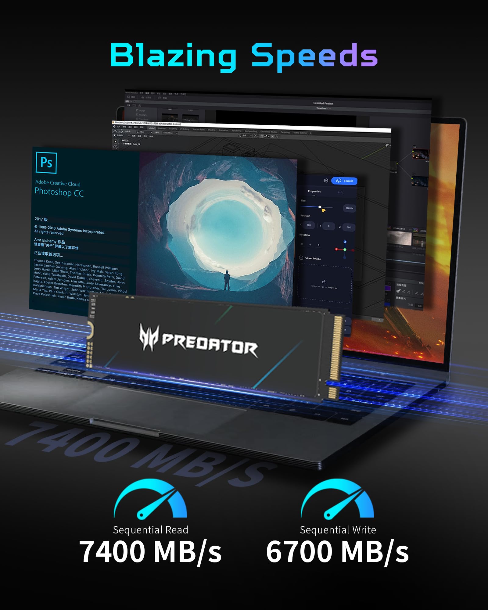 Acer Predator GM7000 1TB PCIe Gen4x4 NVMe M.2 SSD with DRAM cache, showing the internal solid state drive for gaming storage.
