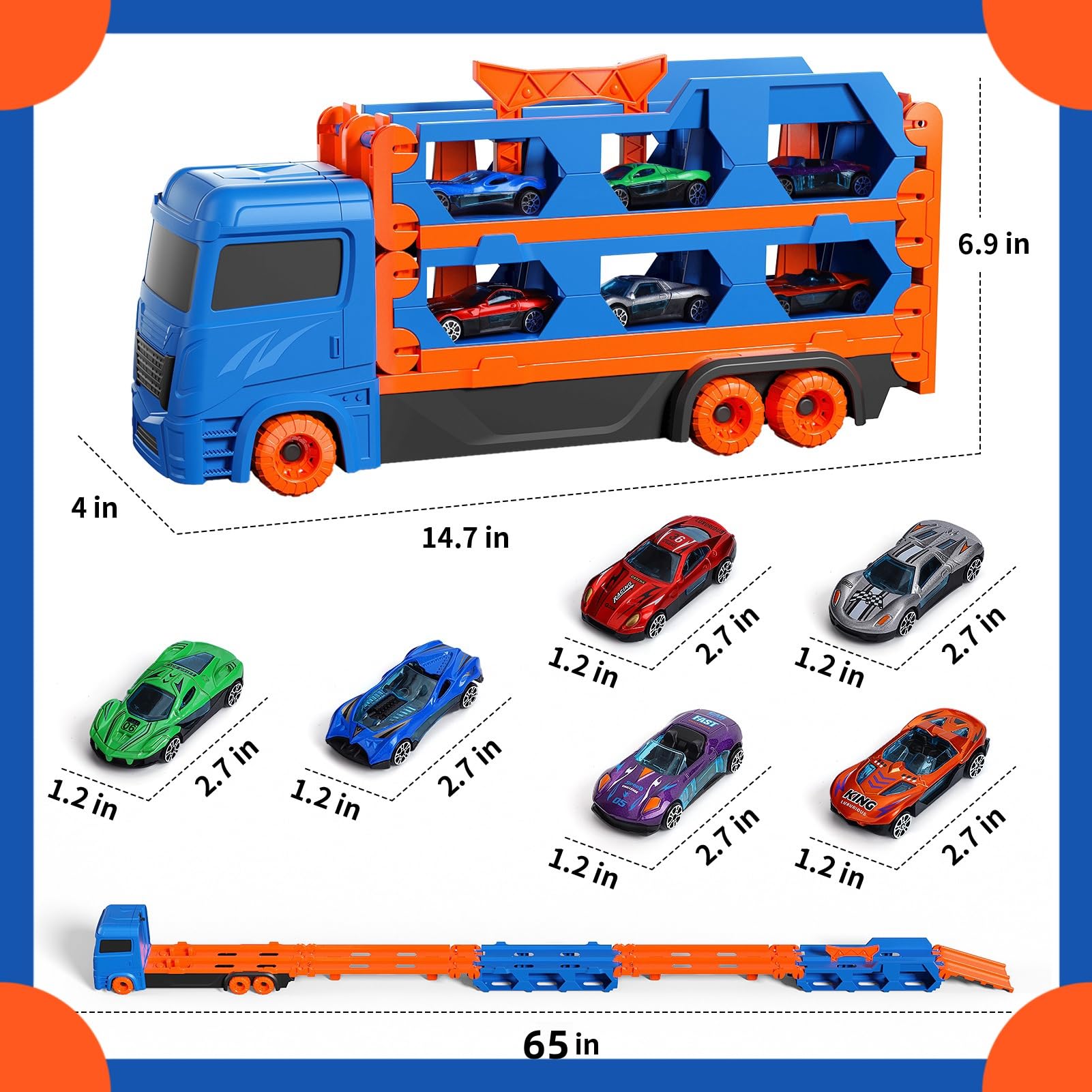 Bearbao toddler boy toys set featuring a 65-inch race track with die-cast transport truck and car toys for ages 2-6.
