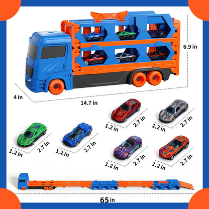 Bearbao toddler boy toys set featuring a 65-inch race track with die-cast transport truck and car toys for ages 2-6.