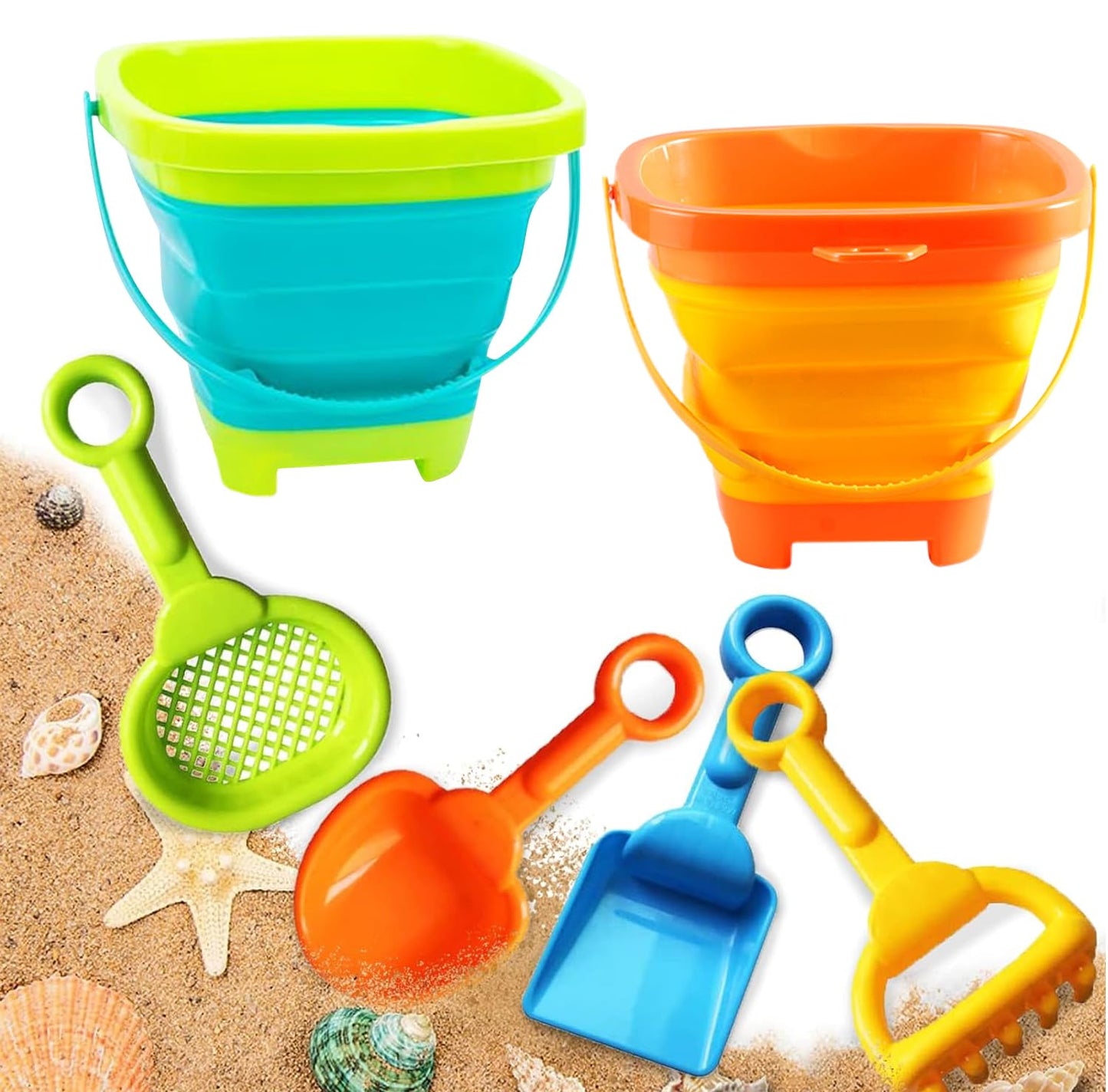 Aonuily Bucket and Spade, Beach Toys Set for Kids Play Sand with Handle Foldable Buckets with Shovels Scoop Rake Sifter Summer Outdoor Activities for Beach Party Gift