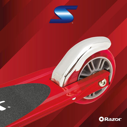 Razor S Real Steel Kick Scooter in red with a sleek design and sturdy frame, perfect for outdoor riding.