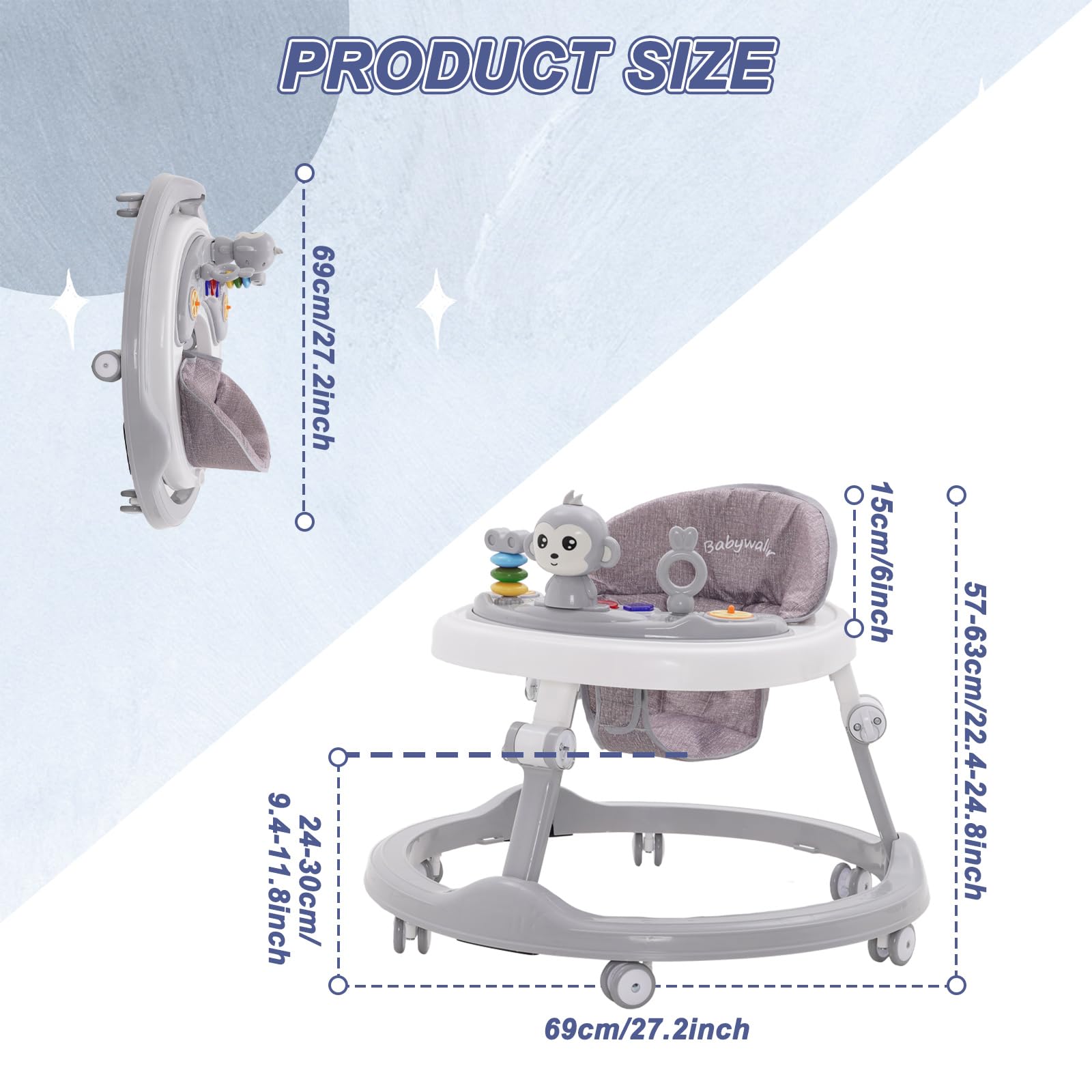 Maycoly foldable 3-in-1 baby walker with seat, foot pads, light, sound, adjustable height, compact design for boys and girls.