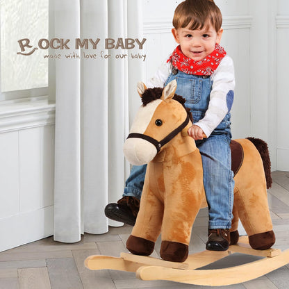Rock My Baby Rocking Horse, Grey Wooden Horse with Sound Effects,Ride-on Toy,Balance Toy (Light Brown)