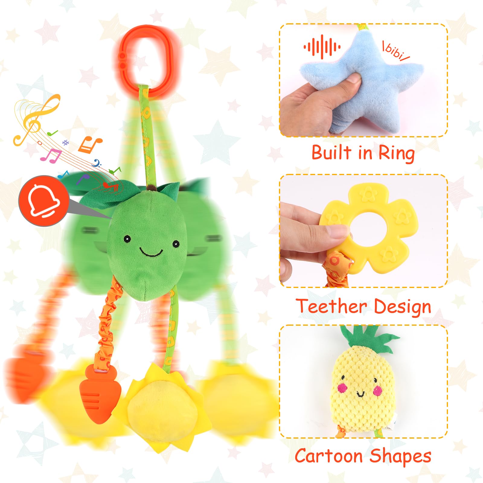 Three plush baby pram toys by Neerow, colorful hanging rattles and sensory toys clip-on for strollers and car seats.