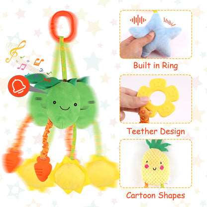 Three plush baby pram toys by Neerow, colorful hanging rattles and sensory toys clip-on for strollers and car seats.