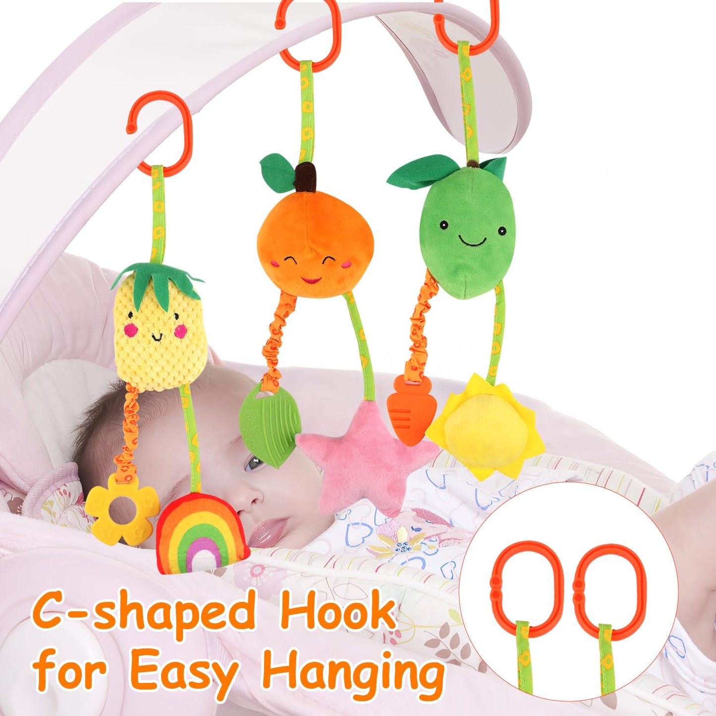 Three plush baby pram toy rattles clipped to a stroller, colorful sensory toys for newborns 0-6 months by Neerow