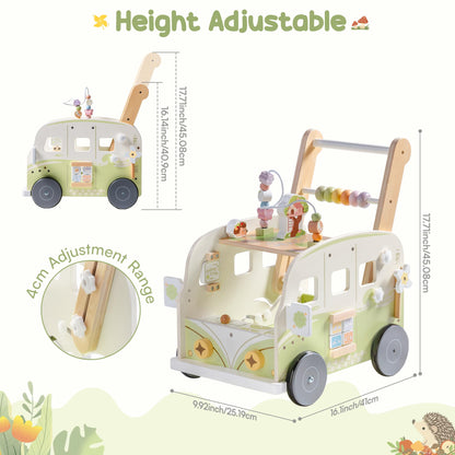 ROBOTIME wooden baby walker with green animal design, adjustable height, wheels, and speed control for toddlers aged 10-36 months.