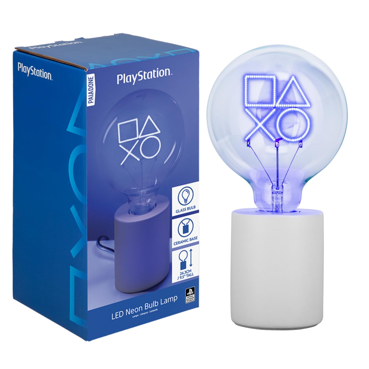 Paladone PlayStation Icons LED neon bulb lamp showing glowing PlayStation button symbols in a clear glass lightbulb for gaming decor.