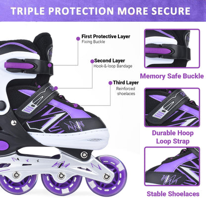 ERNAN adjustable purple kids inline skates with light-up wheels, suitable for boys and girls, perfect for beginners and youth.