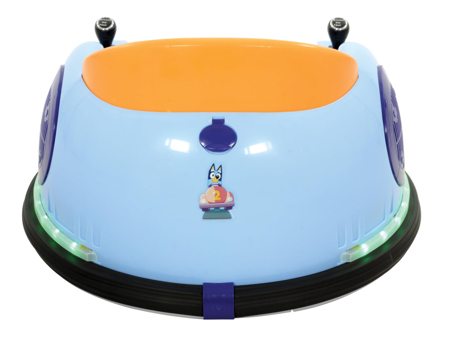 Bluey kids bumper car with blue body, LED lights, sound features, 360° spin, safety strips, designed for toddlers 3+ and up to 30kg.