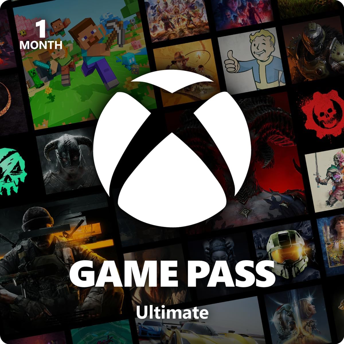 Xbox Game Pass Ultimate 1-month membership download code card showing the Xbox logo and gaming artwork.